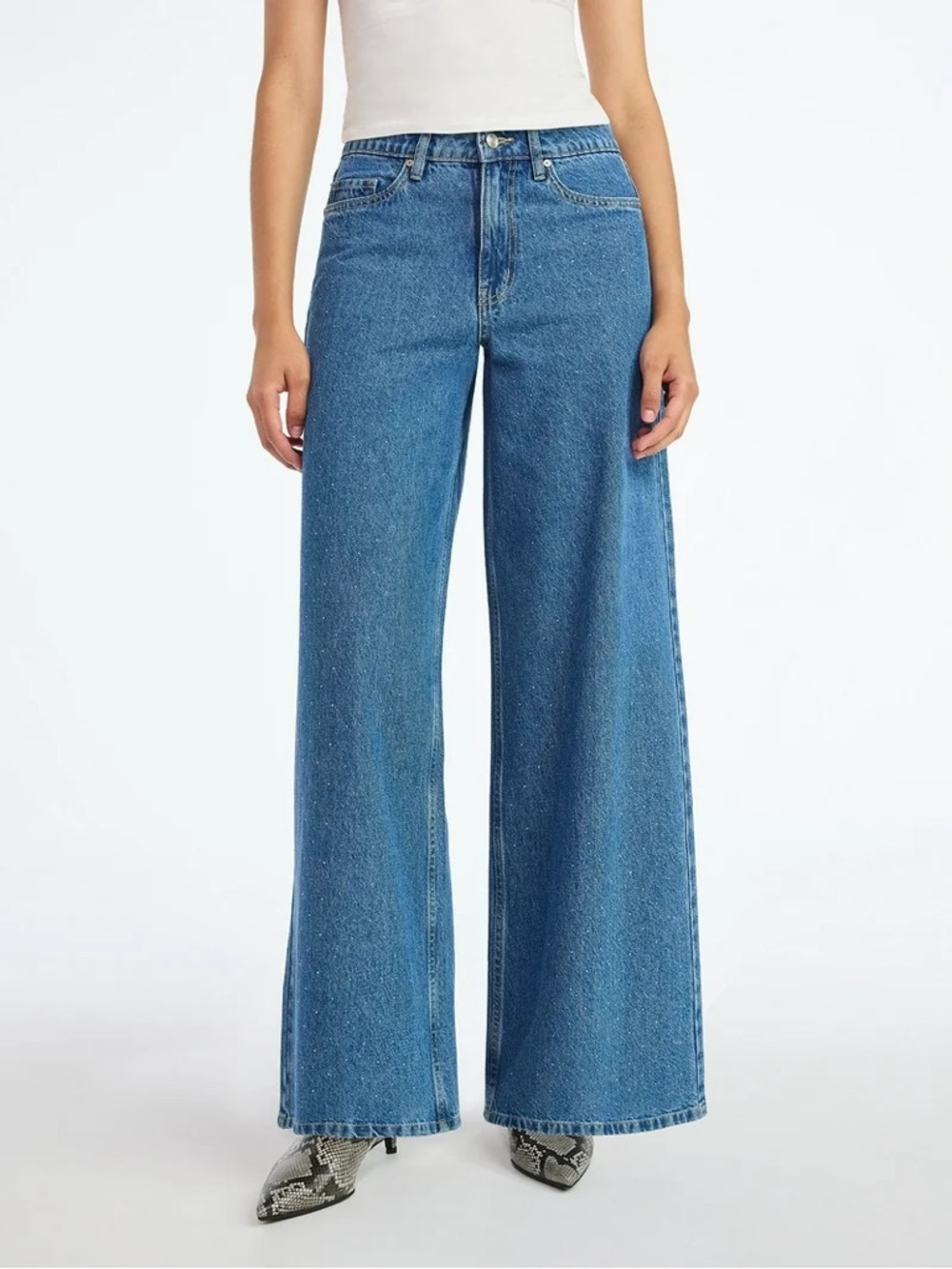 NWT Rhinestone Wide Leg Jeans High Rise Statement Denim Sparkle Size 12